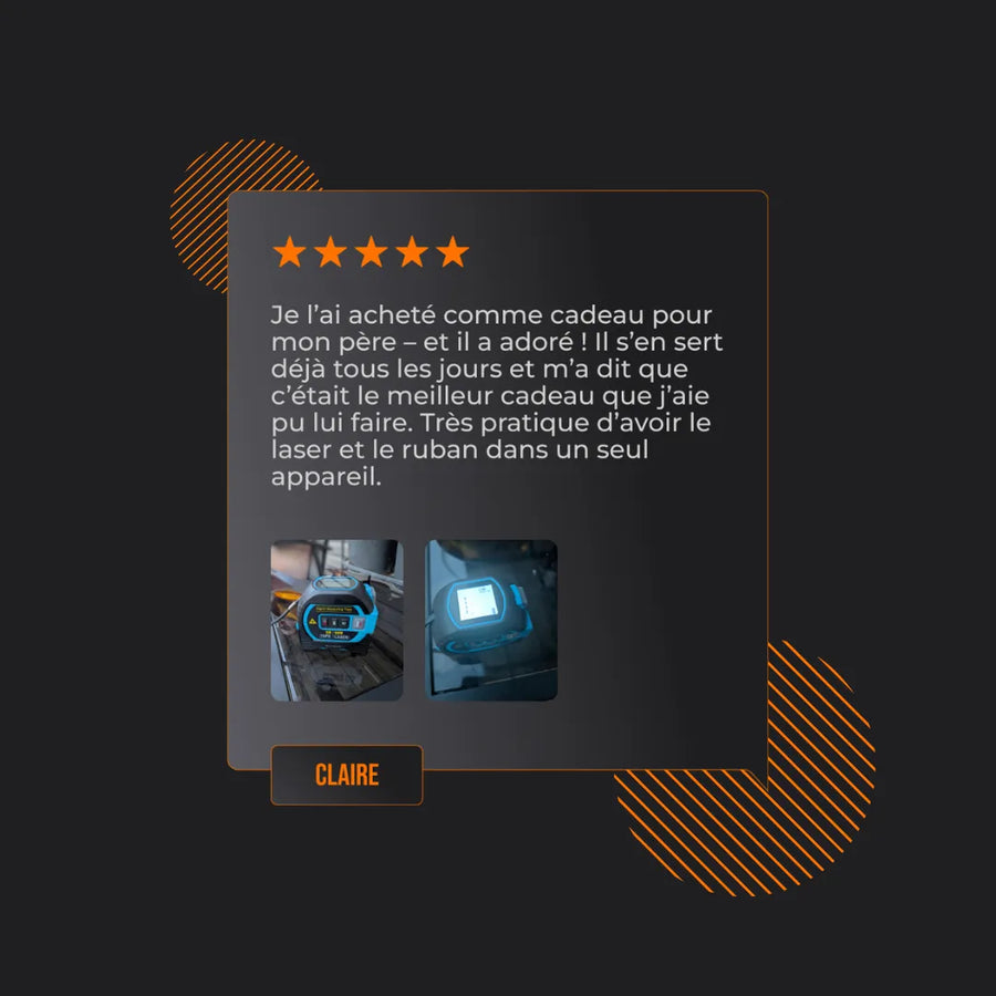 Five-star French product review with two photos of a digital measuring device, user Claire.