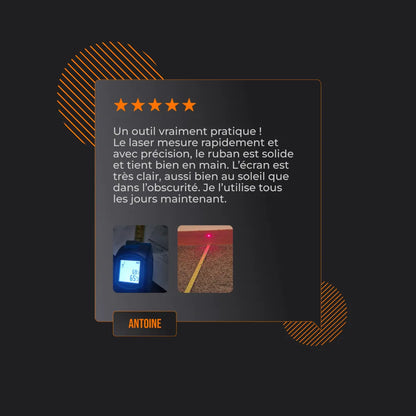 Five-star French review for laser measuring tool with product screen and laser in use photos.