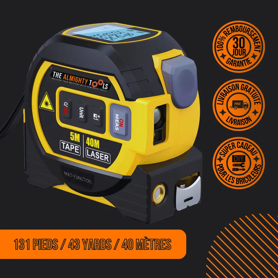 Digital laser tape measure 5m 40m The Almighty Tools, black and yellow, on black background with French promo badges.