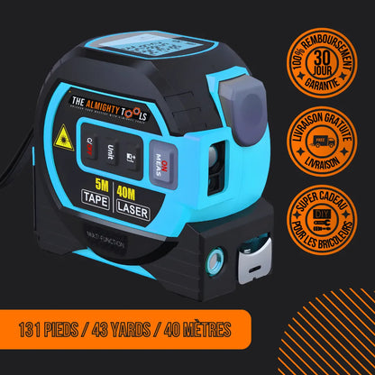 Digital laser tape measure 5m/40m, black and blue, with French text and warranty icons