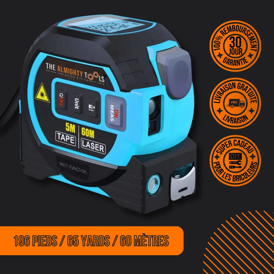 The Almighty Tools blue digital tape measure and laser, 5m 60m, with French guarantee and delivery icons.