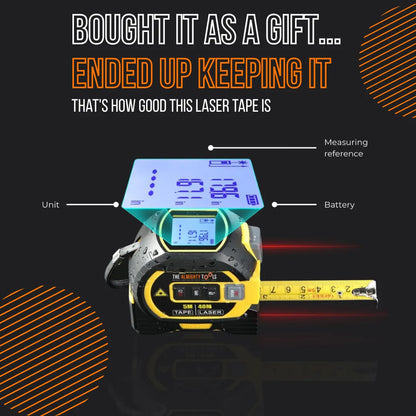 Digital laser tape measure with LCD display and yellow tape, labeled features, on black background