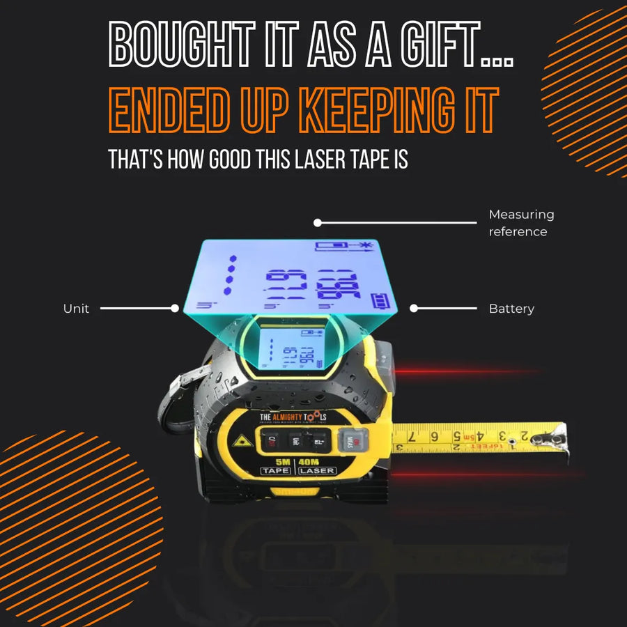 Digital laser tape measure with LCD display and yellow tape, labeled features, on black background