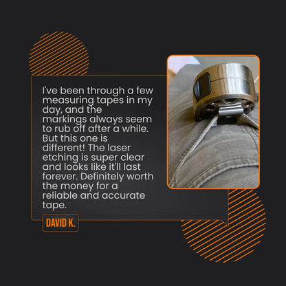 Stainless steel measuring tape with laser etching on fabric, customer review displayed.