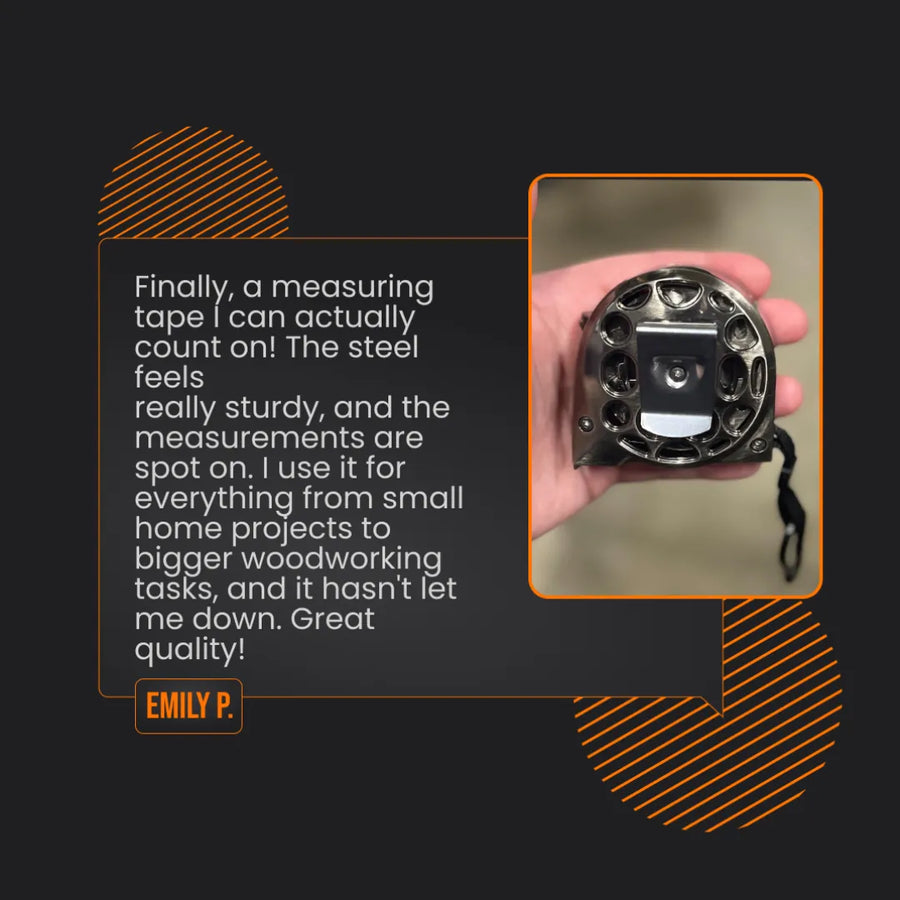 Hand holding steel measuring tape with customer review for woodworking tools