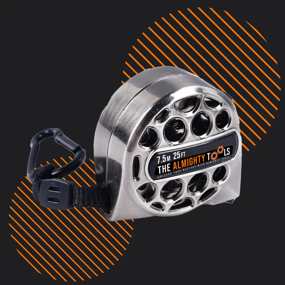 Stainless steel Almighty Tools 7.5m 25ft tape measure on black with orange stripes.