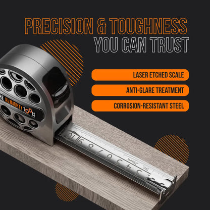 Steel tape measure on wood, laser etched scale, anti-glare, corrosion-resistant tool