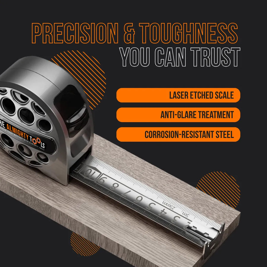 Steel tape measure on wood, laser etched scale, anti-glare, corrosion-resistant tool