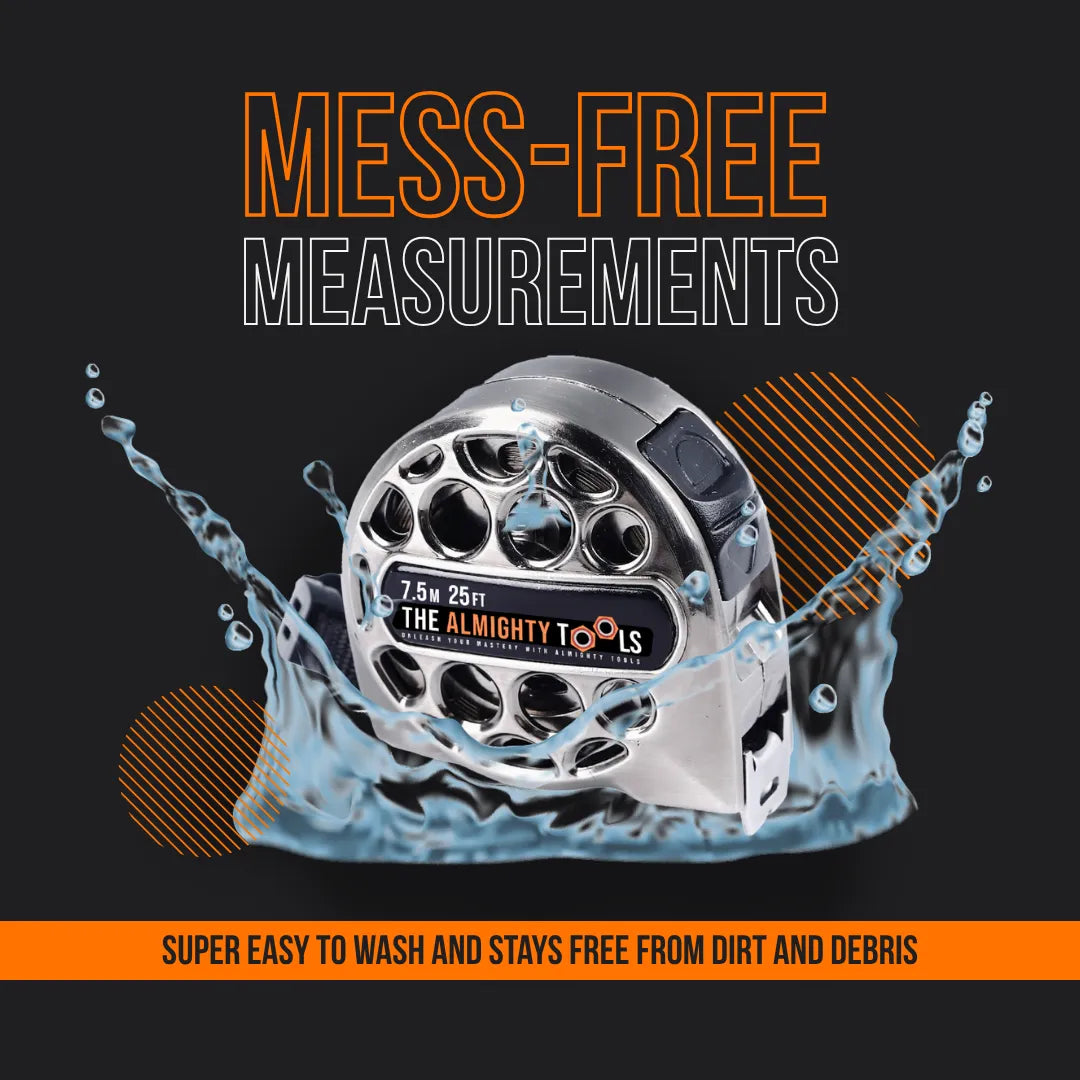 Stainless steel The Almighty Tools tape measure splashed with water on black background