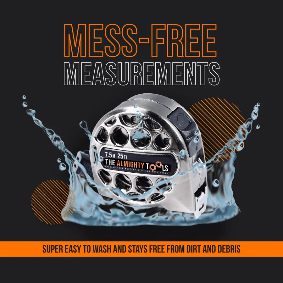 Stainless steel The Almighty Tools tape measure splashed with water on black background