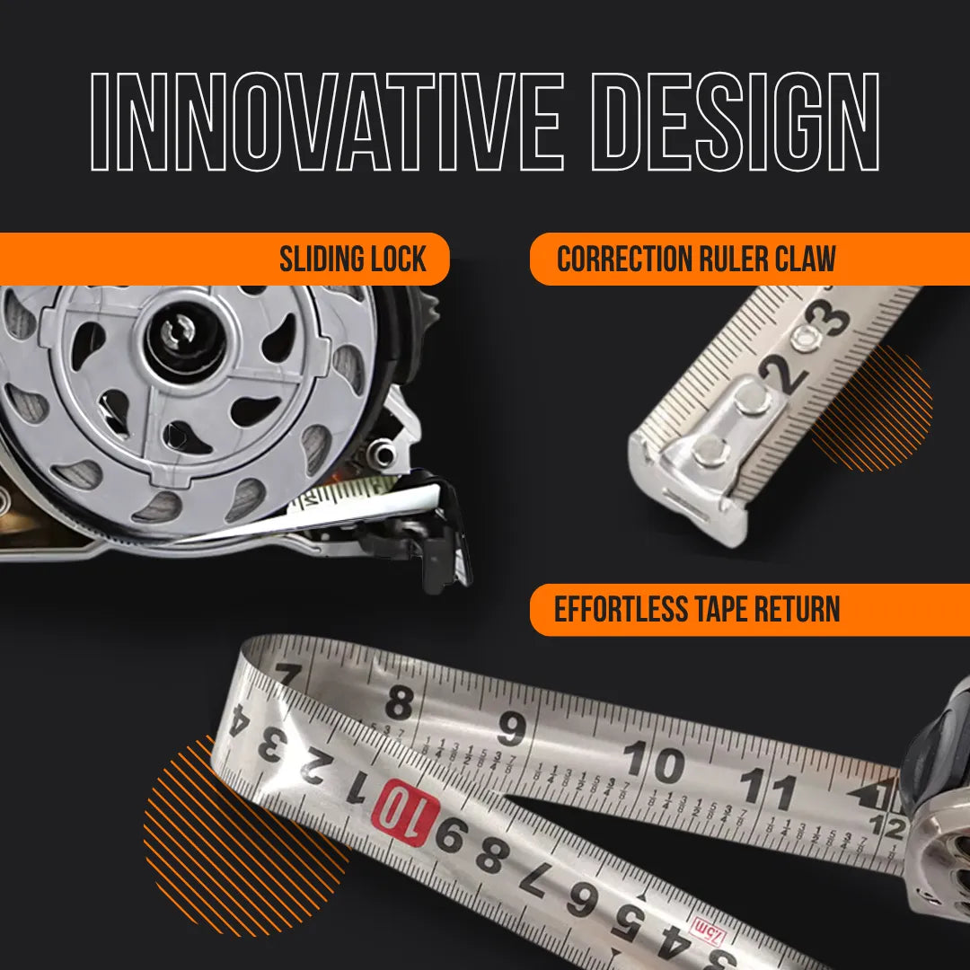 Innovative tape measure design with sliding lock, correction ruler claw, and effortless tape return.