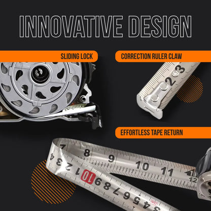 Innovative tape measure design with sliding lock, correction ruler claw, and effortless tape return.