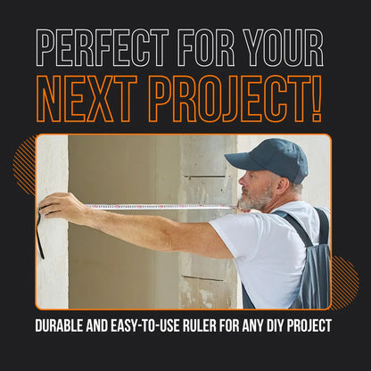 Man measuring wall with durable iron ruler, ideal for DIY construction projects