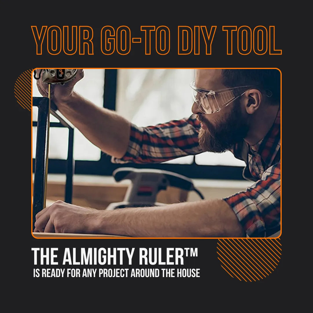 Man using The Almighty Ruler DIY measuring tool in workshop, wearing safety goggles.