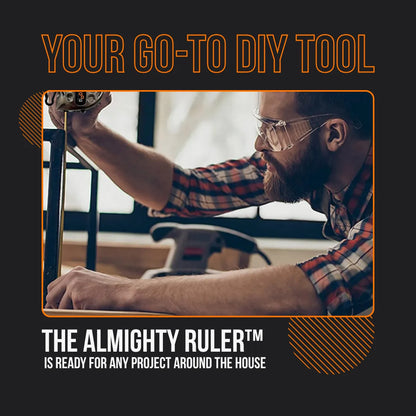 Man using The Almighty Ruler DIY measuring tool in workshop, wearing safety goggles.