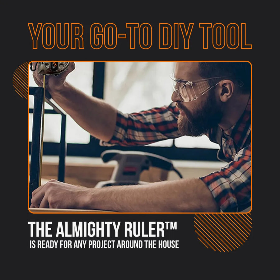 Man using The Almighty Ruler DIY measuring tool in workshop, wearing safety goggles.