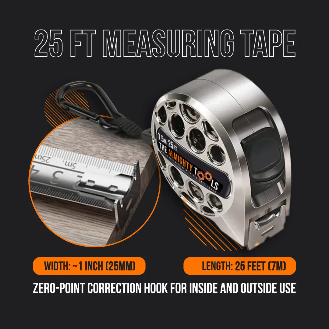 25 ft measuring tape with metal case and zero-point hook, labeled The Almighty Tools.