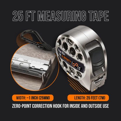 25 ft measuring tape with metal case and zero-point hook, labeled The Almighty Tools.