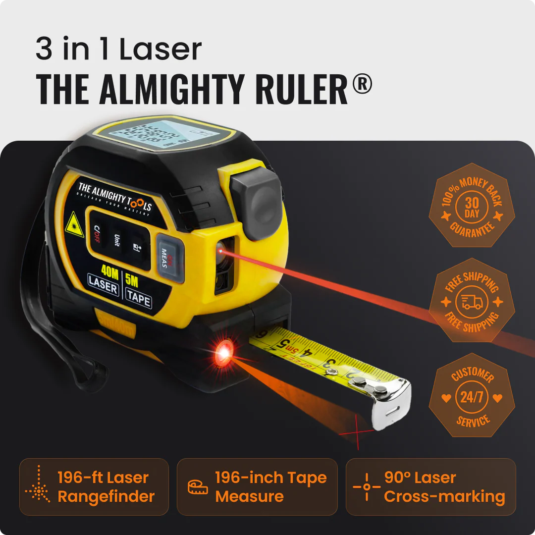 3 in 1 Almighty Ruler laser tape measure with 196-ft laser rangefinder and 196-inch tape