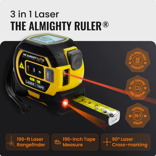 3 in 1 Almighty Ruler laser tape measure with 196-ft laser rangefinder and 196-inch tape