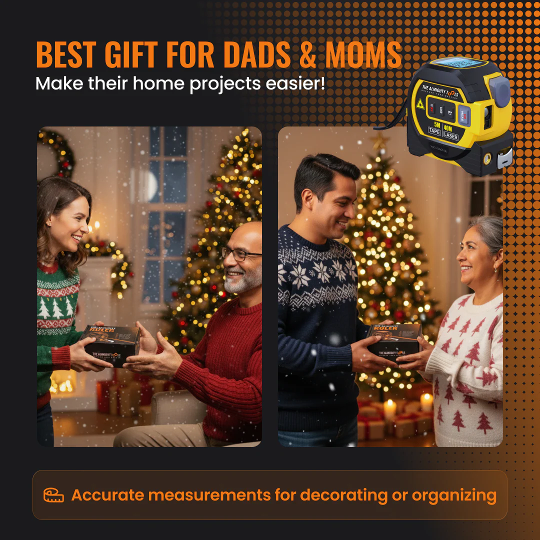 Couples gifting The Almighty Ruler laser tape measure for holiday home improvement projects.