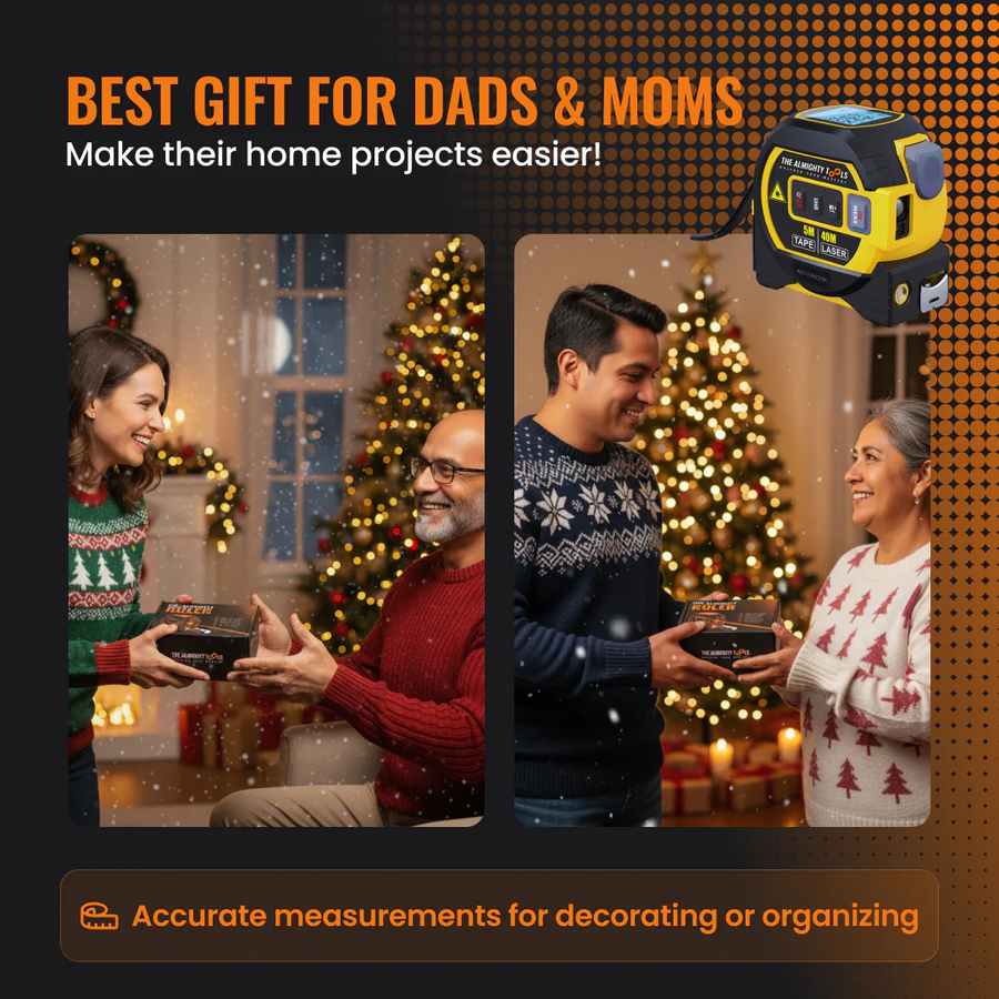 Couples gifting The Almighty Ruler laser tape measure for holiday home improvement projects.