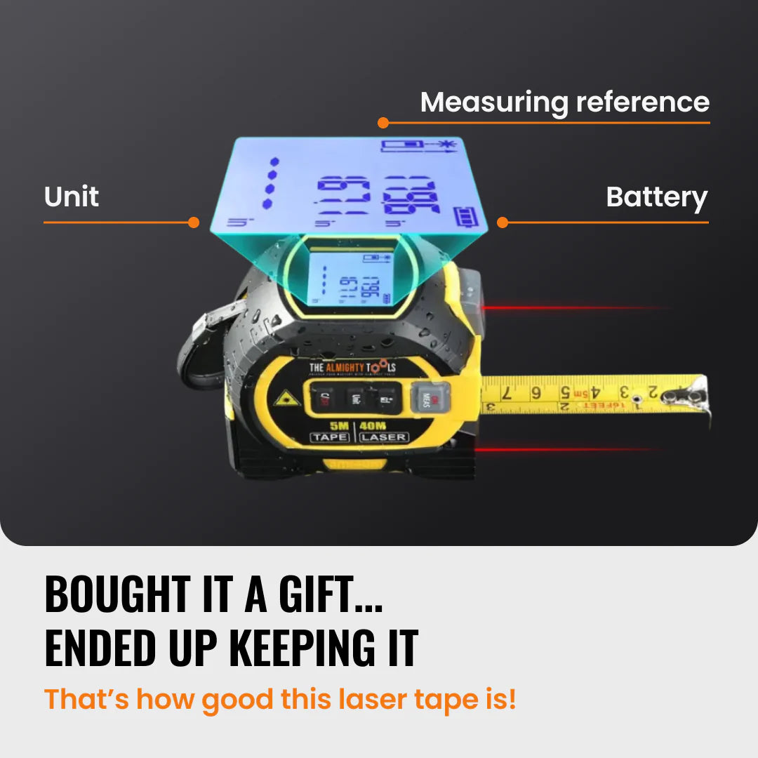 Digital laser tape measure with LCD display, measuring tape, and labeled features on dark background