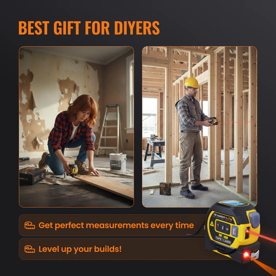 DIYers using The Almighty Ruler tape measure and laser tool for home renovation projects.