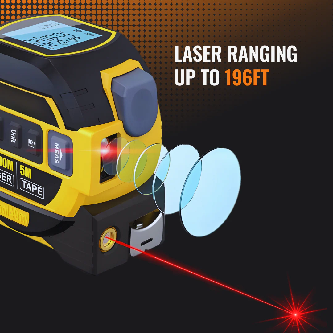 Digital laser distance measurer and tape measure showing laser ranging up to 196 feet