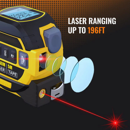 Digital laser distance measurer and tape measure showing laser ranging up to 196 feet