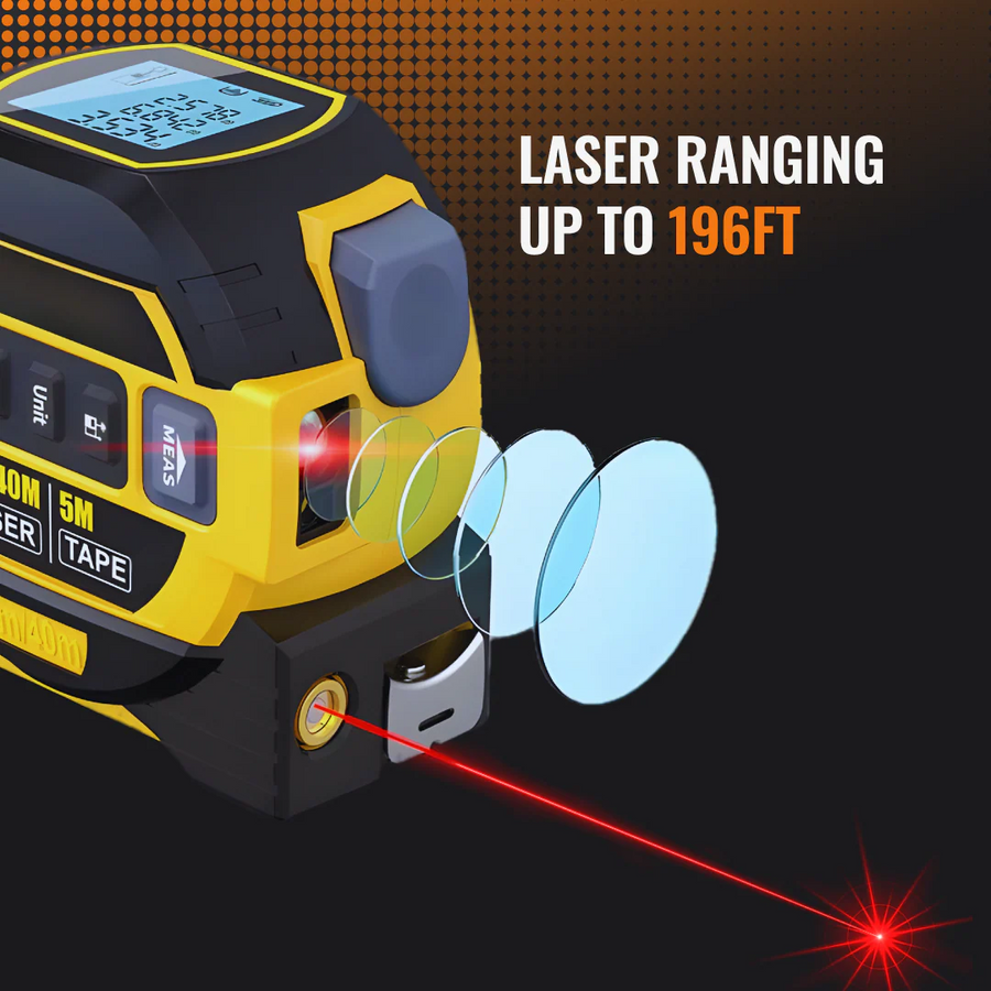 Digital laser distance measurer and tape measure showing laser ranging up to 196 feet