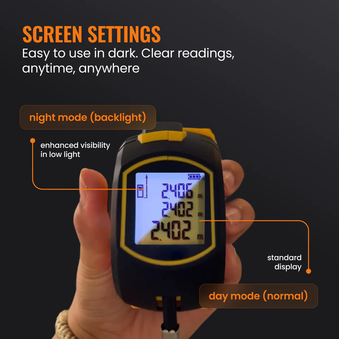 Hand holding digital measuring device with backlit screen, night and day mode features shown.