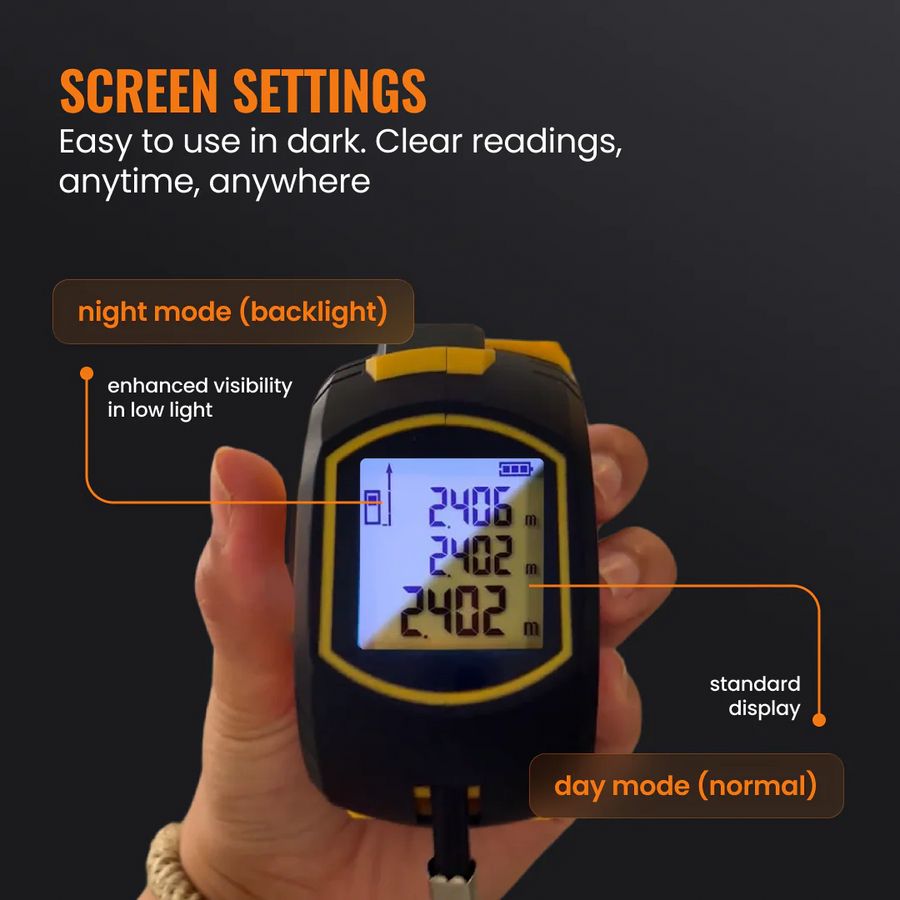 Hand holding digital measuring device with backlit screen, night and day mode features shown.