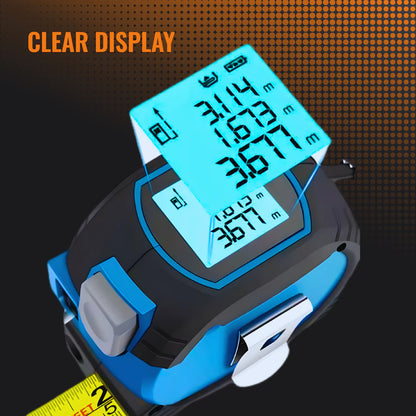 Digital tape measure with clear LCD display and yellow measuring tape on black background