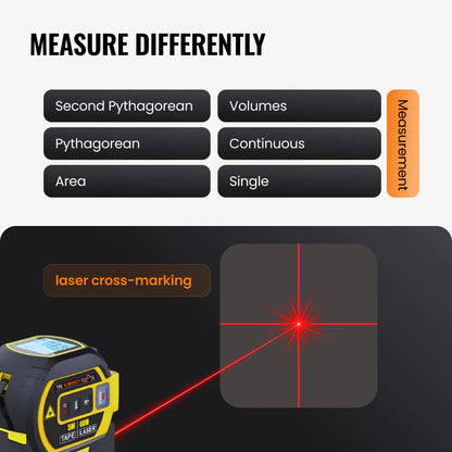 Digital laser tape measure with cross-marking feature and multiple measurement modes display