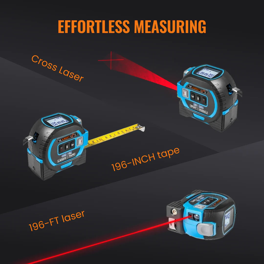 Digital laser tape measure with LCD, cross laser, and 196-inch tape on black background