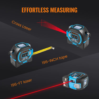 Digital laser tape measure with LCD, cross laser, and 196-inch tape on black background