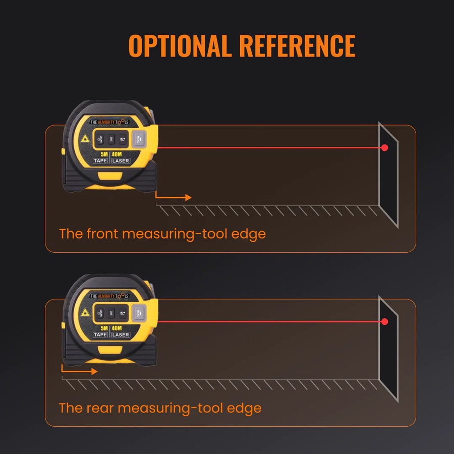 Dual reference laser tape measure showing front and rear measuring tool edges for accuracy