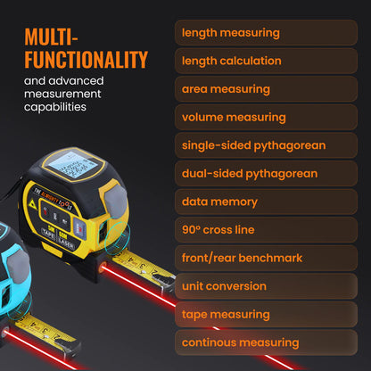 Multi-function digital laser tape measure tool with screen, showing measurement features list.
