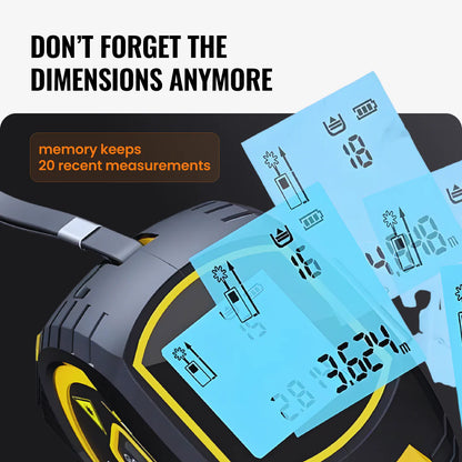 Digital tape measure with LCD screens showing saved measurements and memory feature