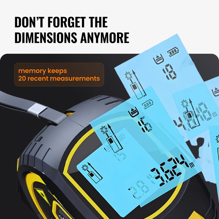 Digital tape measure with LCD screens showing saved measurements and memory feature