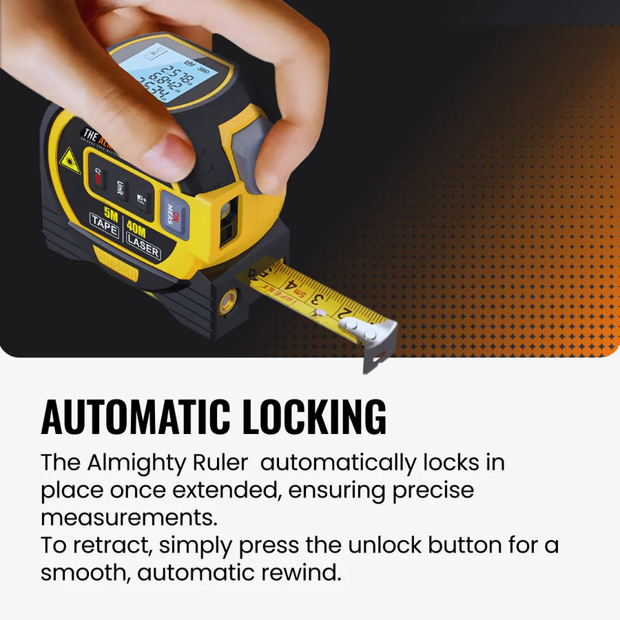 Digital tape measure with laser, automatic locking feature, and LCD screen in use