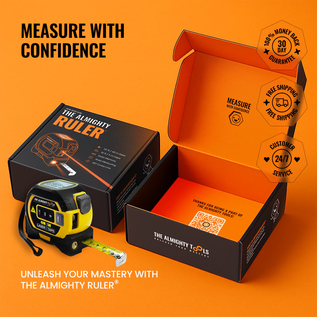 The Almighty Ruler laser tape measure with branded packaging on orange background.