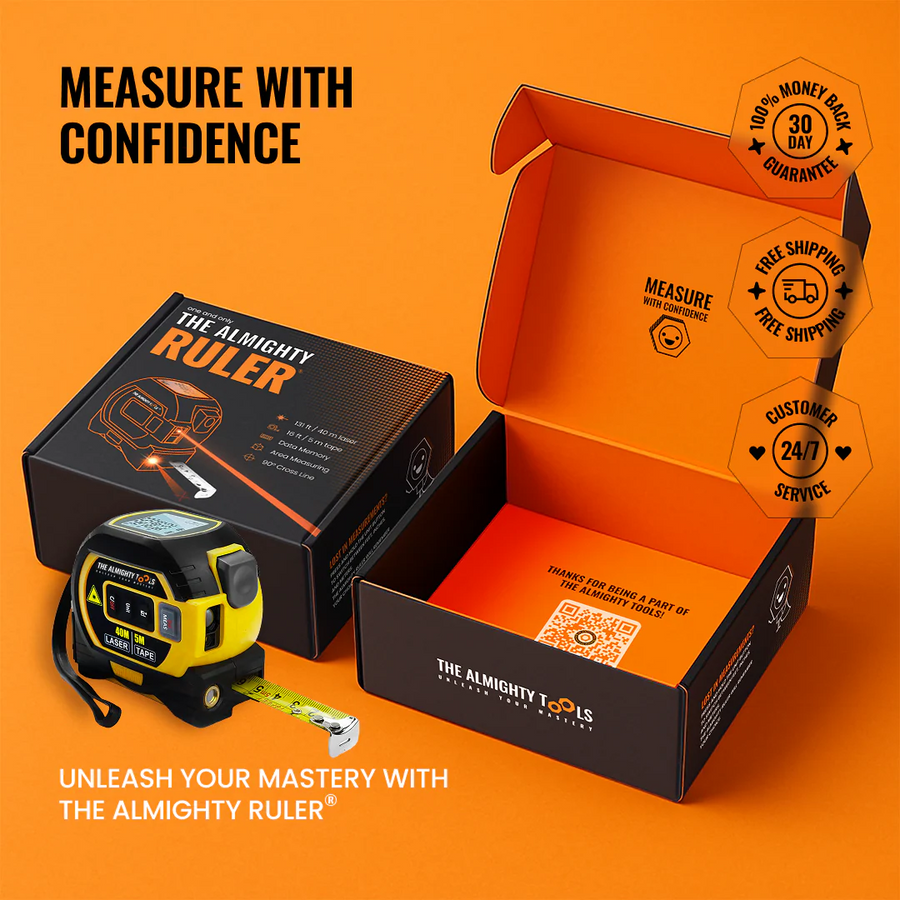 The Almighty Ruler laser tape measure with branded packaging on orange background.