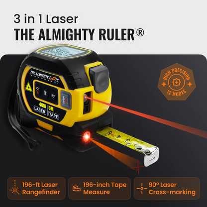 The Almighty Ruler 3-in-1 laser tape measure with digital display, laser rangefinder, and high precision cross-marking.