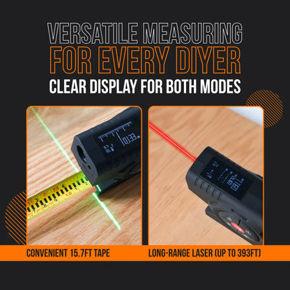 Digital measuring tape and laser measure tool with clear display on wooden surface.