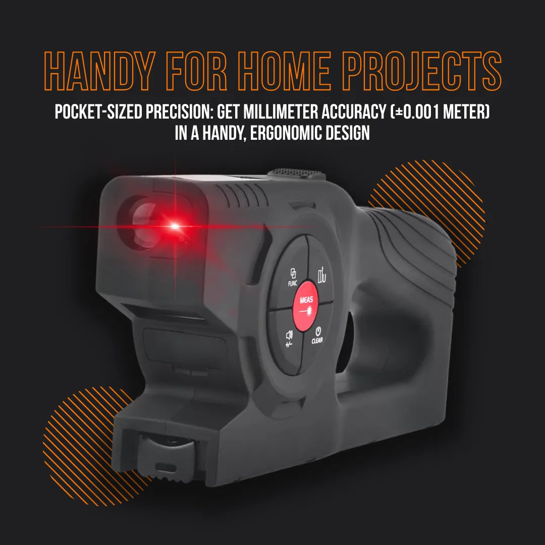 Compact black laser measuring tool with red laser beam and ergonomic grip, ideal for home projects