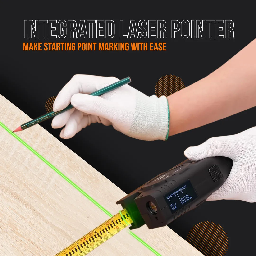 Digital tape measure with integrated laser pointer marking a straight line on wood