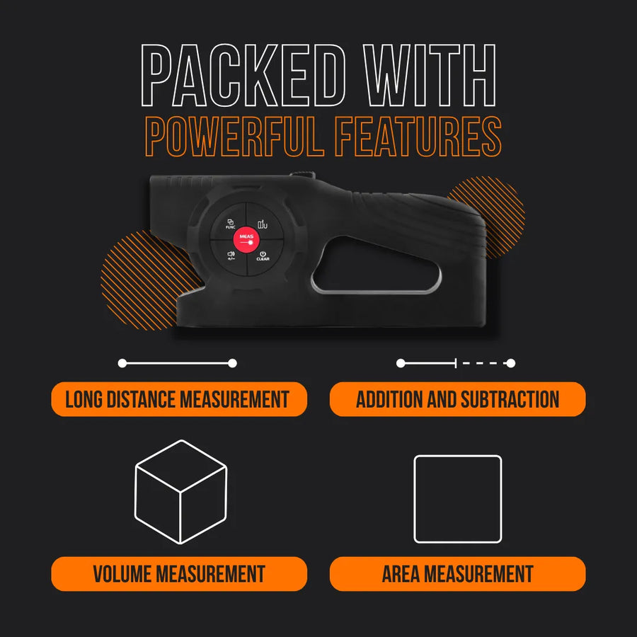 Digital measuring device featuring long distance, volume, and area measurement functions