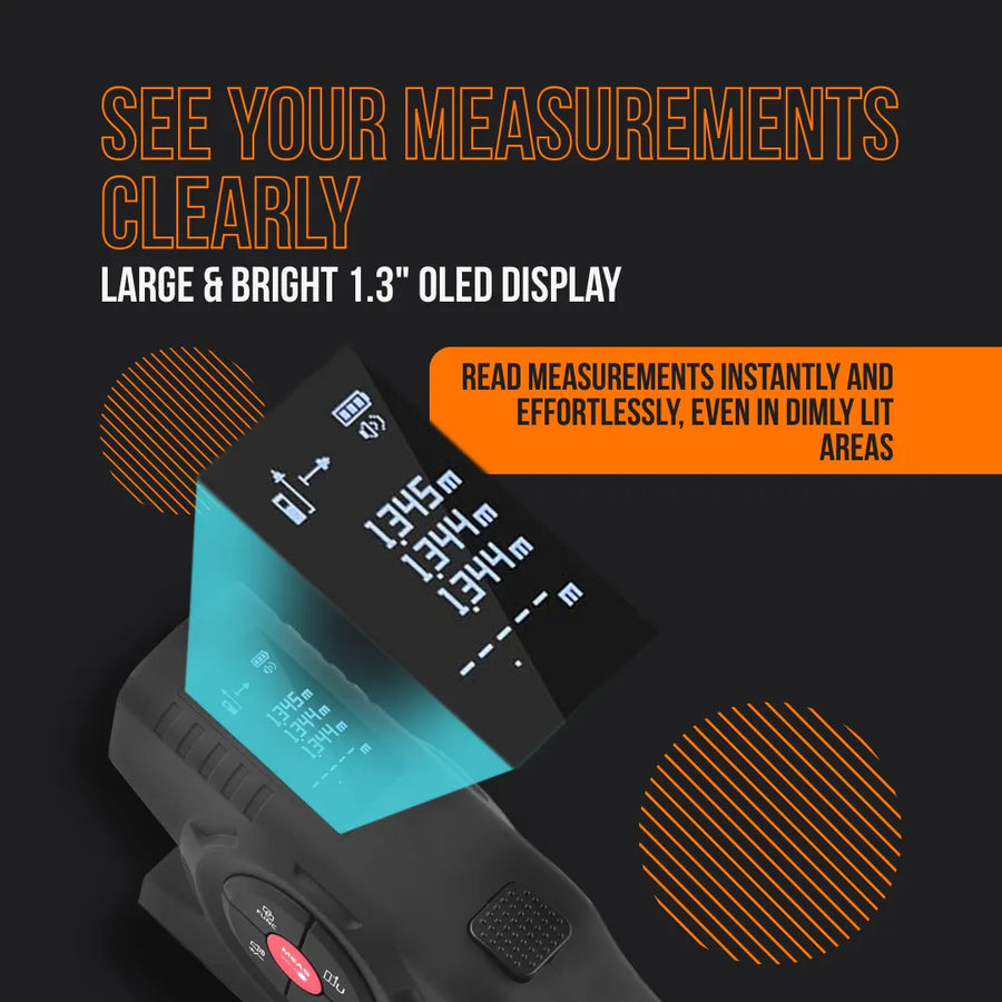 Digital measuring tool with 1.3-inch OLED display showing measurements, black background